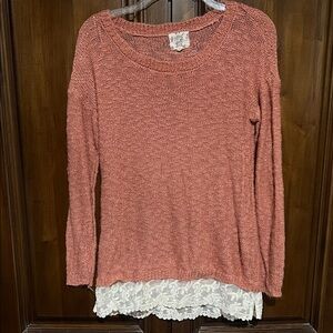 Hippie Rose Pink Sweater with Lace Hem